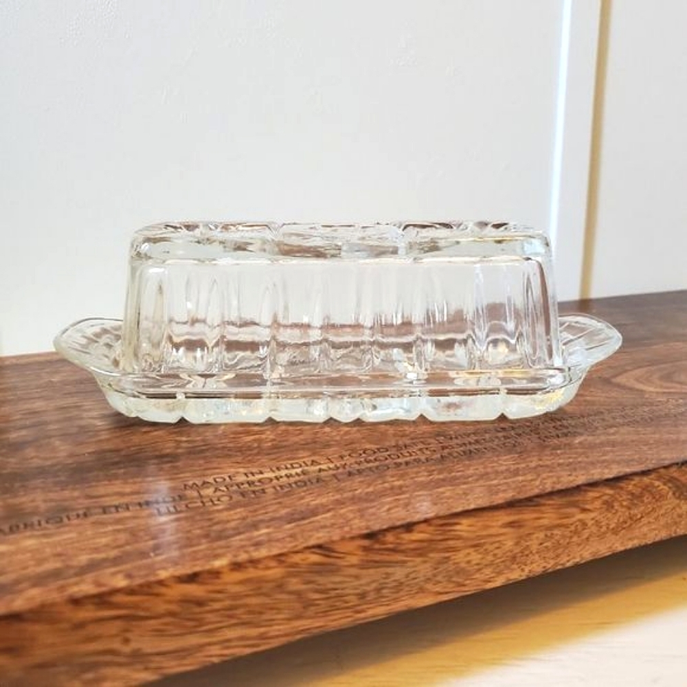 Butter Dish Sunburst Celestial Etching Vintage Kitchen Glass Wares